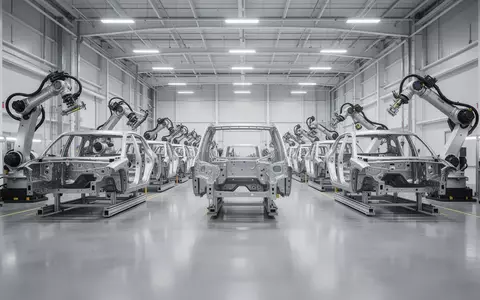 Eine moderne, weitläufige Fabrikhalle in Georgia mit industriellen Roboterarmen und strukturellen Fahrzeugrahmen. - Foto: über boerse-global.de