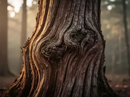 Nahaufnahme eines alten, texturierten Baumstamms in einem nebligen Wald, der die biologische Zeit und Beständigkeit symbolisiert. - Foto: über boerse-global.de