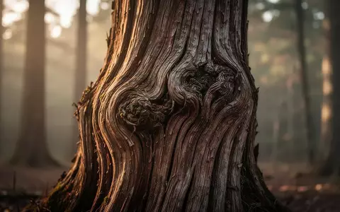 Nahaufnahme eines alten, texturierten Baumstamms in einem nebligen Wald, der die biologische Zeit und Beständigkeit symbolisiert. - Foto: über boerse-global.de