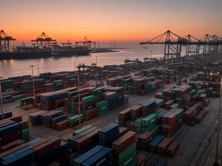 Ein moderner Containerterminal in der Dämmerung mit gestapelten Containern und Hafenkranen im Hintergrund. - Foto: über boerse-global.de