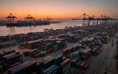 Ein moderner Containerterminal in der Dämmerung mit gestapelten Containern und Hafenkranen im Hintergrund. - Foto: über boerse-global.de