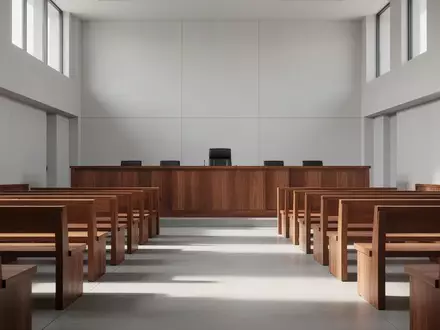 Ein leerer, modern gestalteter Gerichtssaal mit Holzbänken und Richterpult in neutralem, natürlichem Licht. - Foto: über boerse-global.de