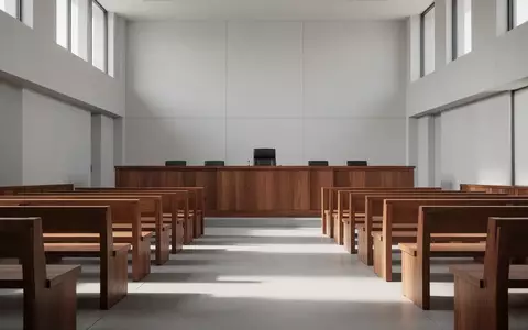Ein leerer, modern gestalteter Gerichtssaal mit Holzbänken und Richterpult in neutralem, natürlichem Licht. - Foto: über boerse-global.de