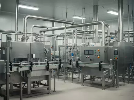 Industrielle Lebensmittelverarbeitungsanlage mit Edelstahlmaschinen in einer sterilen Produktionshalle. - Foto: über boerse-global.de