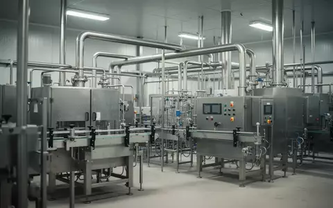 Industrielle Lebensmittelverarbeitungsanlage mit Edelstahlmaschinen in einer sterilen Produktionshalle. - Foto: über boerse-global.de