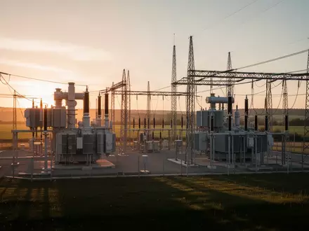 Ein modernes Umspannwerk in einer ländlichen Umgebung während des Sonnenuntergangs. - Foto: über boerse-global.de