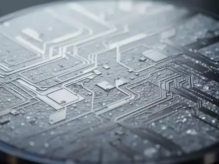 Nahaufnahme der kristallinen Oberfläche eines Halbleiter-Wafers mit feinen, metallischen Dünnschichtstrukturen. - Foto: über boerse-global.de