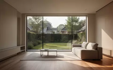 Ein minimalistisch eingerichtetes Wohnzimmer mit Blick in einen sonnigen Garten bei natürlichem Tageslicht. - Foto: über boerse-global.de
