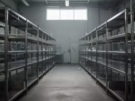 Leere, sterile Laborregale in einer Industriehalle vor einem Fenster mit einfallendem Licht. - Foto: über boerse-global.de