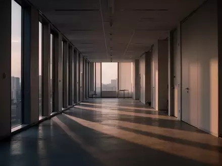 Ein leerer, minimalistischer Flur in einem modernen Bürogebäude bei Dämmerung mit langen Schatten und weichem Lichteinfall. - Foto: über boerse-global.de