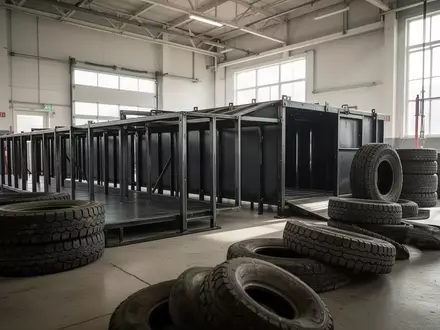 Ein Übungsparcours für Nachwuchsfeuerwehrkräfte mit einem Metallrohrtunnel und Reifenstapeln in einer Lagerhalle. - Foto: über boerse-global.de