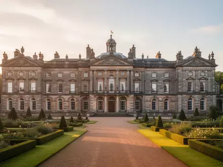 Die historische Fassade von Dumfries House in Schottland bei Sonnenuntergang. - Foto: über boerse-global.de