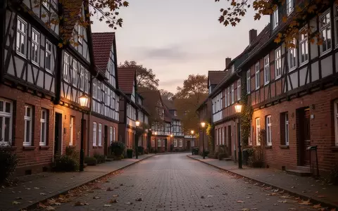 Leere Wohnstraße in einer niedersächsischen Kleinstadt mit traditionellen Fachwerkhäusern in der Abenddämmerung. - Foto: über boerse-global.de