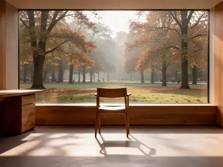Ein minimalistischer, sonnendurchfluteter Raum mit einem leeren Stuhl vor einem Fenster mit Blick auf einen ruhigen Park. - Foto: über boerse-global.de