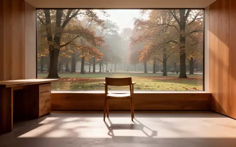 Ein minimalistischer, sonnendurchfluteter Raum mit einem leeren Stuhl vor einem Fenster mit Blick auf einen ruhigen Park. - Foto: über boerse-global.de