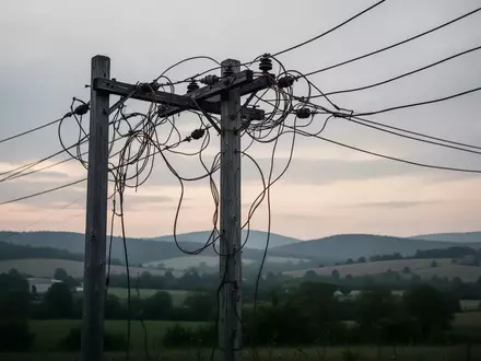 Ein verwitterter Strommast mit alten, hängenden Telefonleitungen in einer ländlichen Umgebung bei Dämmerung. - Foto: über boerse-global.de