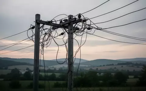 Ein verwitterter Strommast mit alten, hängenden Telefonleitungen in einer ländlichen Umgebung bei Dämmerung. - Foto: über boerse-global.de
