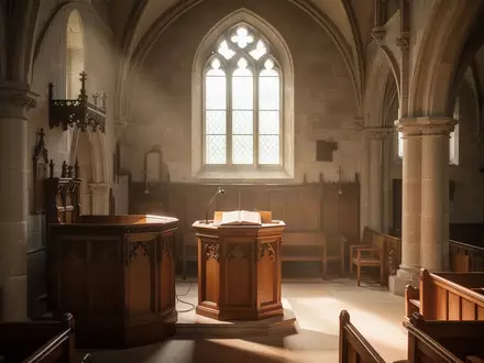 Ein leeres hölzernes Pult in einer hellen Steinkirche, beleuchtet durch einfallendes Sonnenlicht. - Foto: über boerse-global.de