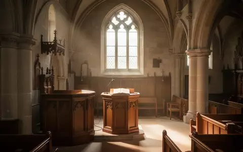 Ein leeres hölzernes Pult in einer hellen Steinkirche, beleuchtet durch einfallendes Sonnenlicht. - Foto: über boerse-global.de