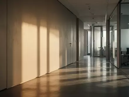 Ein ruhiger, sonnendurchfluteter Flur in einem modernen Bürogebäude mit minimalistischer Architektur und sanften Schatten. - Foto: über boerse-global.de