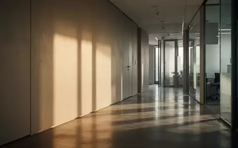 Ein ruhiger, sonnendurchfluteter Flur in einem modernen Bürogebäude mit minimalistischer Architektur und sanften Schatten. - Foto: über boerse-global.de