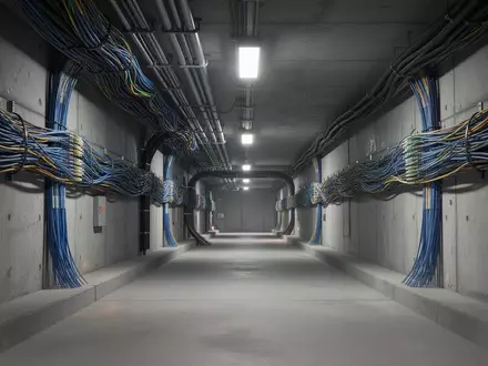 Ein technischer Versorgungstunnel mit gebündelten Glasfaserkabeln entlang der Wände unter einer Stadt. - Foto: über boerse-global.de