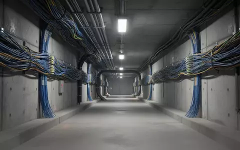 Ein technischer Versorgungstunnel mit gebündelten Glasfaserkabeln entlang der Wände unter einer Stadt. - Foto: über boerse-global.de