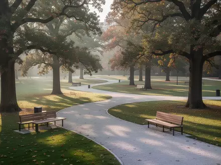 Ein leerer, sonnendurchfluteter Park mit Kieswegen und leeren Parkbänken unter herbstlichen Bäumen. - Foto: über boerse-global.de