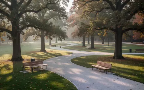 Ein leerer, sonnendurchfluteter Park mit Kieswegen und leeren Parkbänken unter herbstlichen Bäumen. - Foto: über boerse-global.de