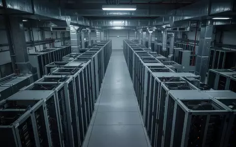 Industrielle Kühlinfrastruktur in einem Rechenzentrum mit langen Reihen metallischer Serverracks in gedimmtem Licht. - Foto: über boerse-global.de