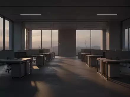 Leeres, modernes Büro am Abend mit langen Schatten und minimalistischen Schreibtischen in einer ruhigen Arbeitsumgebung. - Foto: über boerse-global.de
