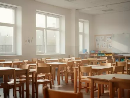 Ein heller, leerer Klassenraum in einer Grundschule mit ordentlich aufgestellten StĂĽhlen und Tischen bei Tageslicht. - Foto: ĂĽber boerse-global.de