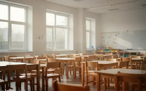 Ein heller, leerer Klassenraum in einer Grundschule mit ordentlich aufgestellten Stühlen und Tischen bei Tageslicht. - Foto: über boerse-global.de