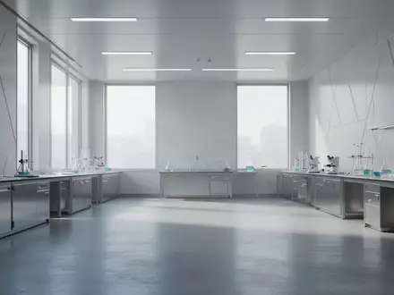 Ein minimalistischer, moderner Laborraum mit poliertem Betonboden und hellem Tageslicht. - Foto: über boerse-global.de