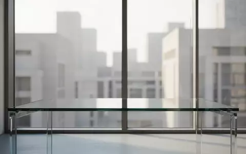Ein minimalistischer, moderner Arbeitsbereich mit einem leeren Schreibtisch und weichem Tageslicht vor einer urbanen Kulisse. - Foto: über boerse-global.de