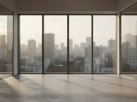 Ein minimalistisch gestalteter, leerer Büroraum mit großen Glasfronten und Blick auf eine Stadt bei Sonnenuntergang. - Foto: über boerse-global.de