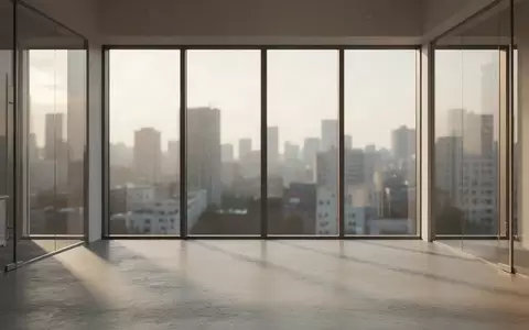 Ein minimalistisch gestalteter, leerer Büroraum mit großen Glasfronten und Blick auf eine Stadt bei Sonnenuntergang. - Foto: über boerse-global.de