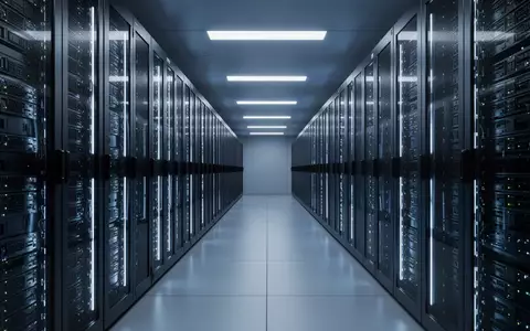Moderne, minimalistische Serverraum-Infrastruktur mit blau beleuchteten Serverschränken in symmetrischer Anordnung. - Foto: über boerse-global.de