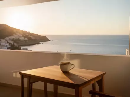 Ein minimalistischer Balkon mit Blick auf das Mittelmeer bei Sonnenuntergang, der eine ruhige Atmosphäre für mobiles Arbeiten vermittelt. - Foto: über boerse-global.de