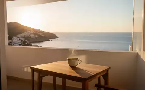 Ein minimalistischer Balkon mit Blick auf das Mittelmeer bei Sonnenuntergang, der eine ruhige Atmosphäre für mobiles Arbeiten vermittelt. - Foto: über boerse-global.de