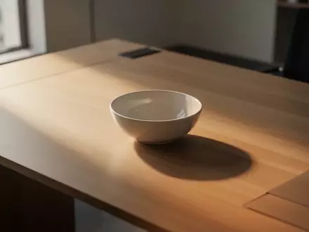 Ein minimalistischer, leerer Schreibtisch mit einfallendem Sonnenlicht, der Ordnung und Veränderung symbolisiert. - Foto: über boerse-global.de