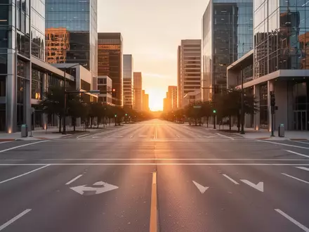 Eine leere städtische Straßenkreuzung in Austin bei Sonnenuntergang, die die moderne Infrastruktur für autonomes Fahren zeigt. - Foto: über boerse-global.de