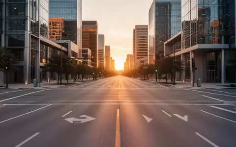 Eine leere städtische Straßenkreuzung in Austin bei Sonnenuntergang, die die moderne Infrastruktur für autonomes Fahren zeigt. - Foto: über boerse-global.de