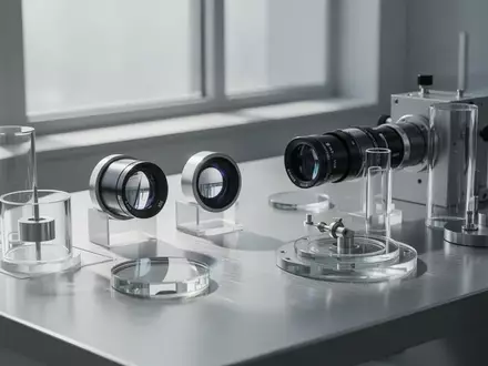 Hochpräzise optische Linsen und Glasbauteile in einem modernen Labor auf einer Metalloberfläche. - Foto: über boerse-global.de