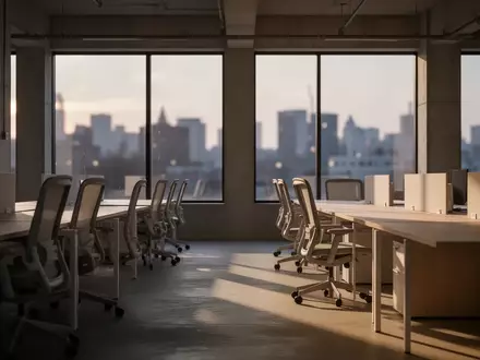 Leeres, modernes Büro in der Abenddämmerung mit minimalistischer Einrichtung und einfallendem Tageslicht. - Foto: über boerse-global.de