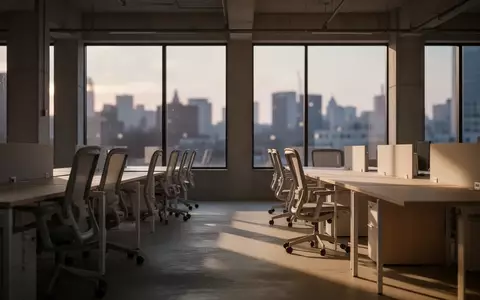 Leeres, modernes Büro in der Abenddämmerung mit minimalistischer Einrichtung und einfallendem Tageslicht. - Foto: über boerse-global.de