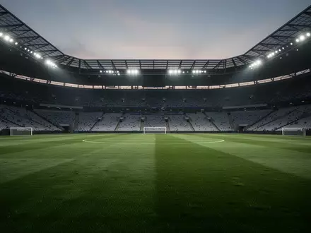 Ein leeres, gepflegtes Fußballfeld in einem Stadion bei Dämmerung. - Foto: über boerse-global.de
