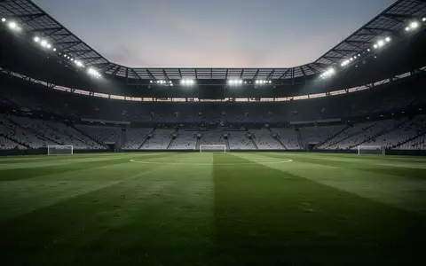 Ein leeres, gepflegtes Fußballfeld in einem Stadion bei Dämmerung. - Foto: über boerse-global.de