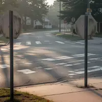 Eine leere, ruhige Straße in der Nähe eines Schulwegs bei morgendlichem Licht mit einem Fußgängerüberweg-Schild. - Foto: über boerse-global.de