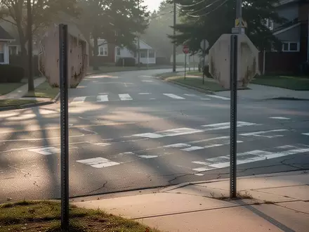 Eine leere, ruhige Straße in der Nähe eines Schulwegs bei morgendlichem Licht mit einem Fußgängerüberweg-Schild. - Foto: über boerse-global.de